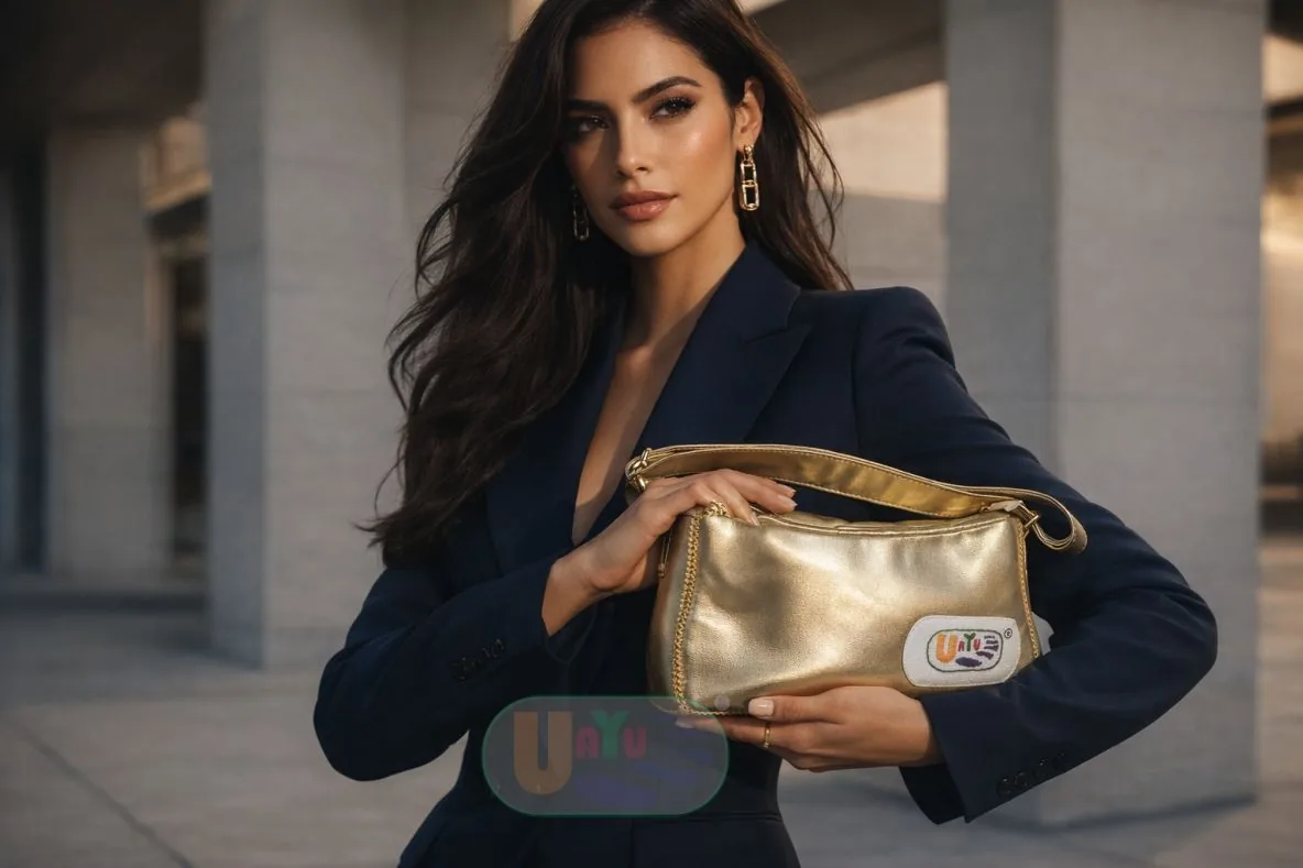 Modelo usando el bolso Lago de Chapala Edición Oro
