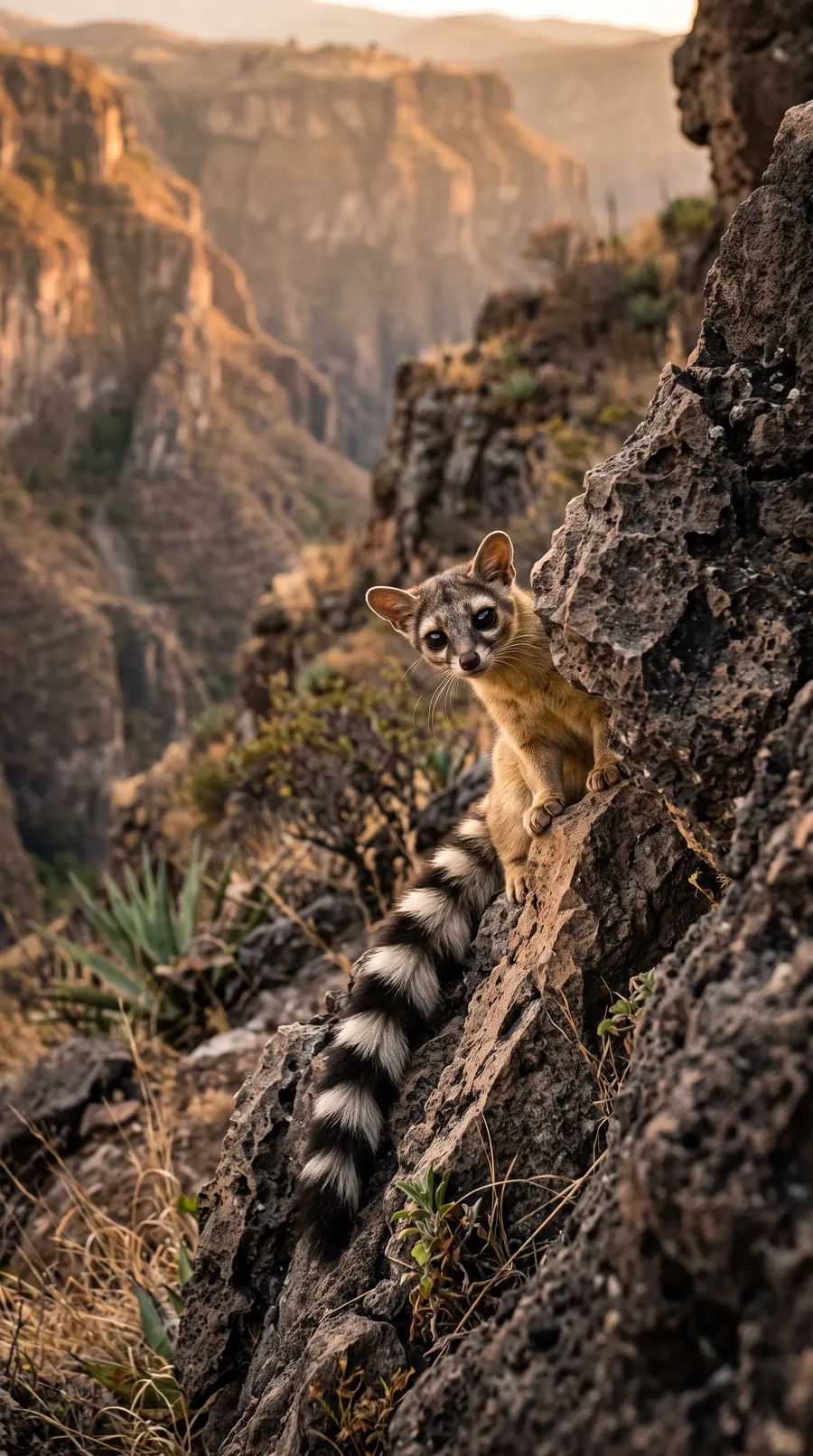 Cacomixtle de cola anillada (Bassariscus) en perfil, sobre roca — no es un gato