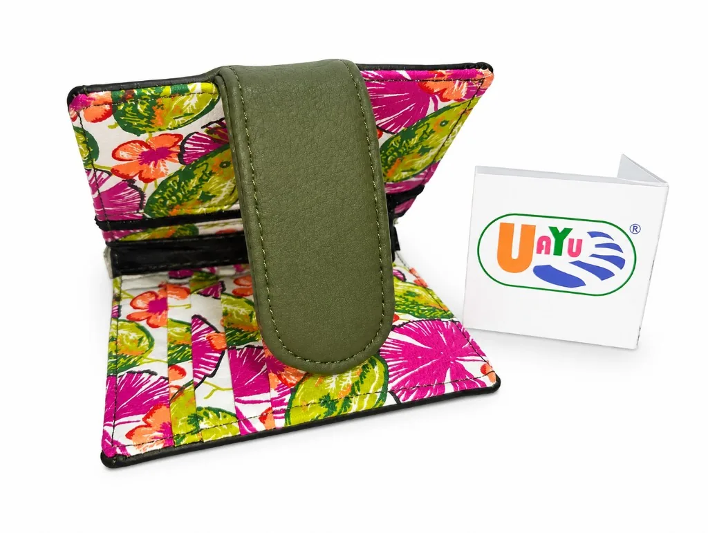 Cartera-billetera UAYU® Xichú verde nopal — perfil y ribete con forro